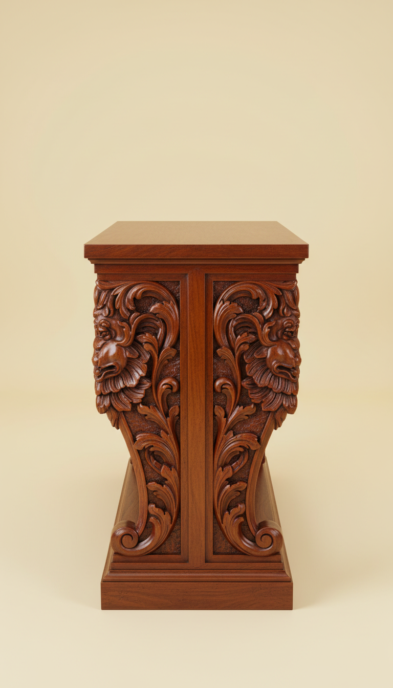 (Temp) - Burnished mahogany console table with intricate side relief carvings